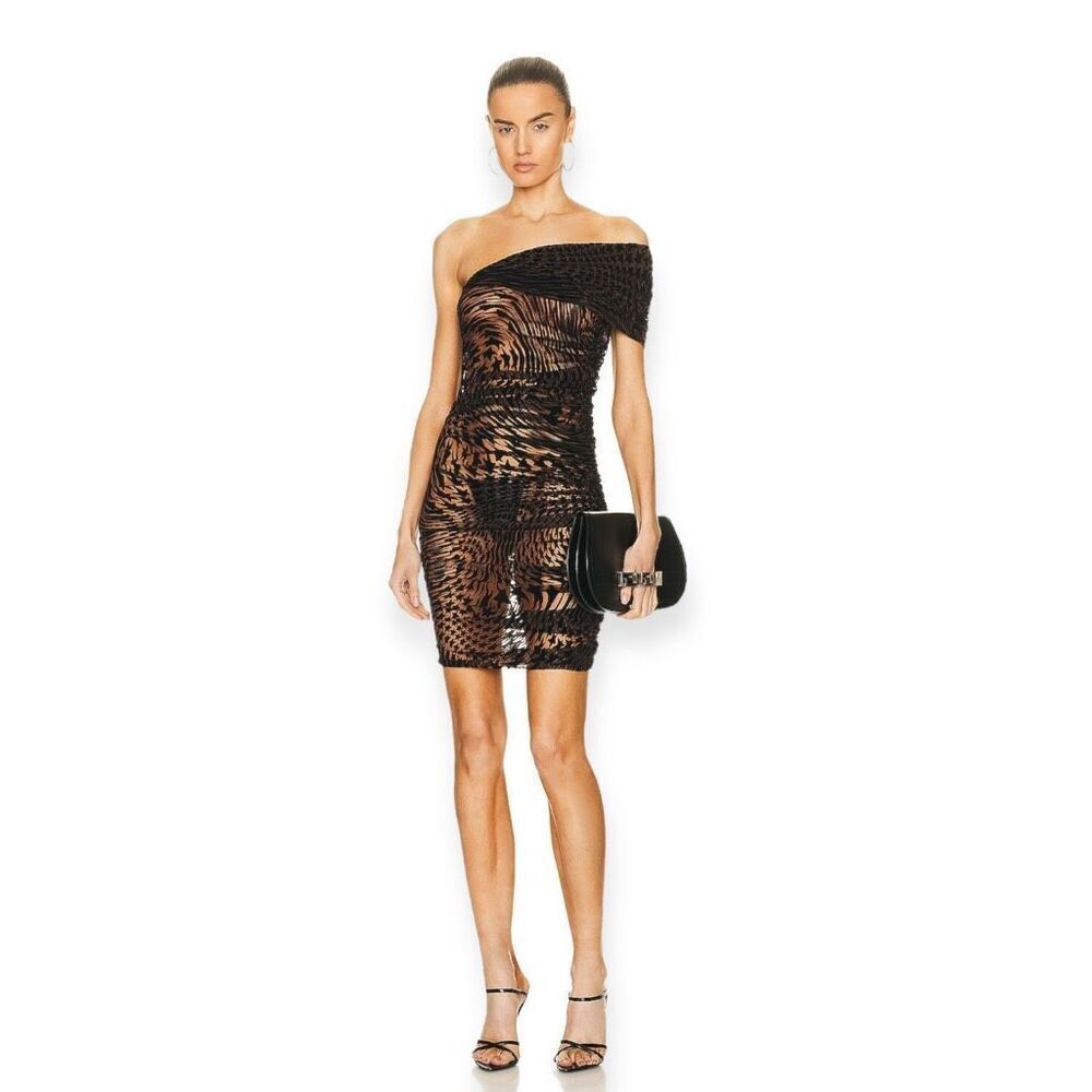 Mugler Off the Shoulder Flocked Star Wavy Dress in‎ Nude 02 & Black